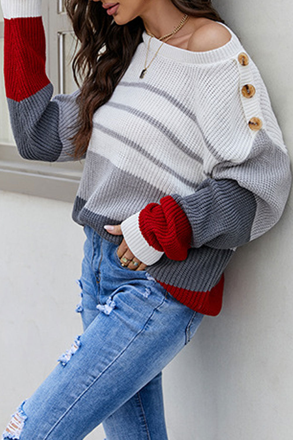 Women Fabulous Stipe Pattern Loose Sleeves Button Decorated Shoulders Knitted Warm Winter Sweater
