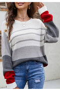 Women Fabulous Stipe Pattern Loose Sleeves Button Decorated Shoulders Knitted Warm Winter Sweater