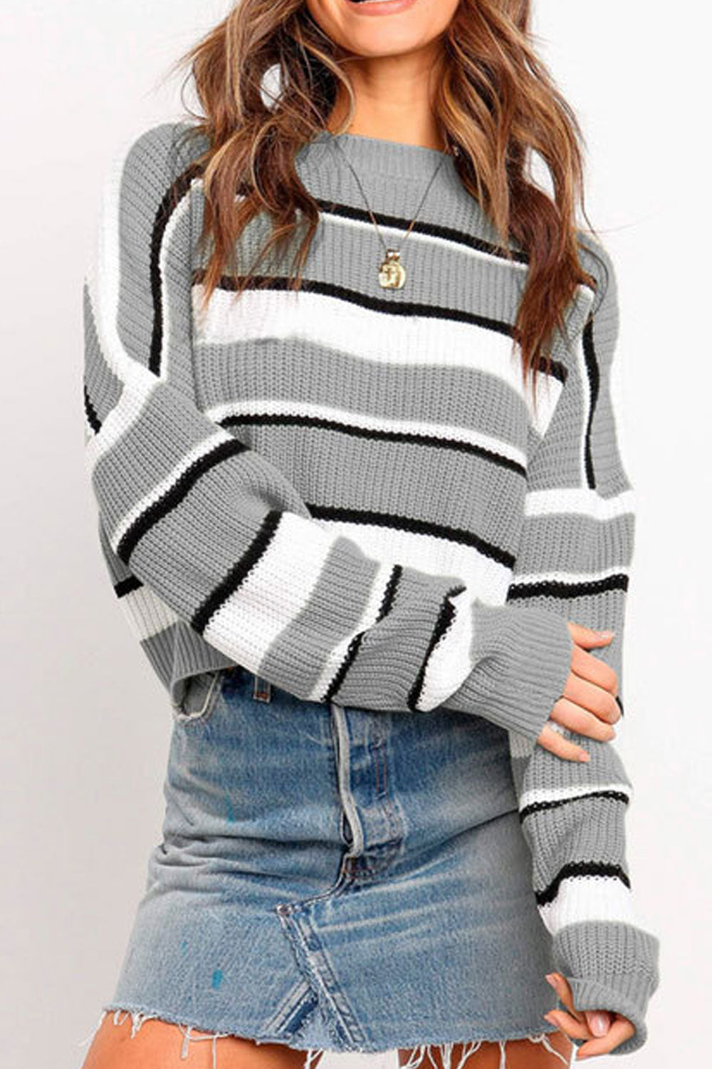 Women Awesome Stripe Pattern Loose Sleeves Round Neck Knitted Warm Winter Sweater