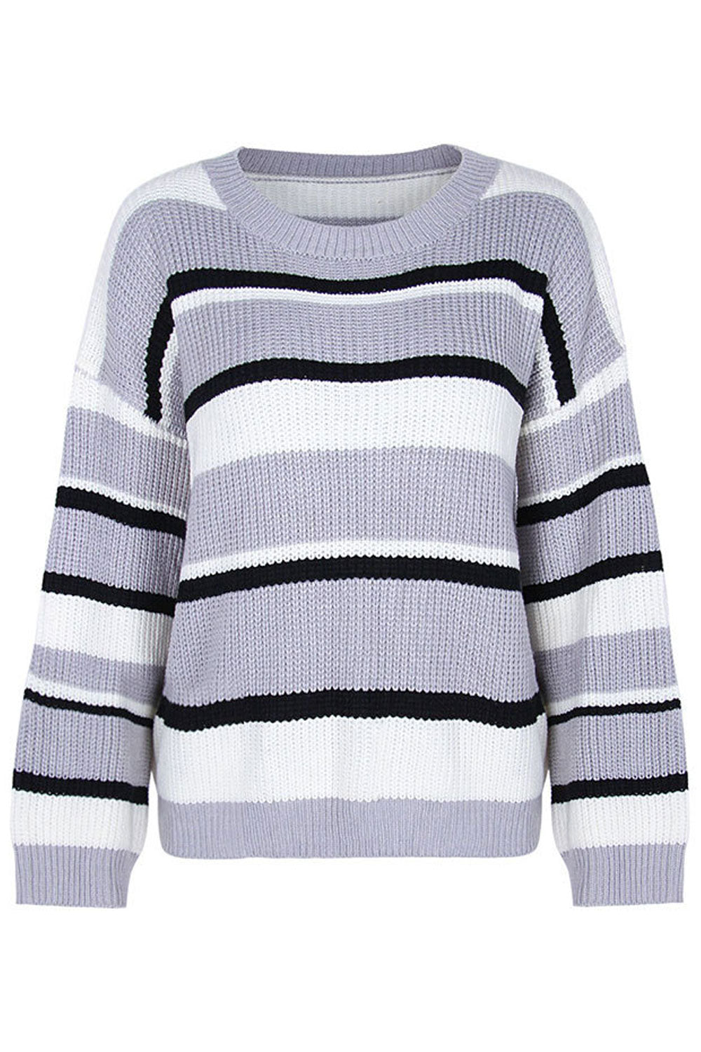 Women Awesome Stripe Pattern Loose Sleeves Round Neck Knitted Warm Winter Sweater
