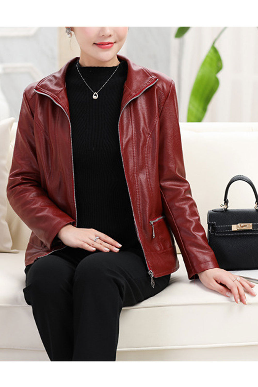 Women Comfy Solid Color Long Sleeve Leather Jacket