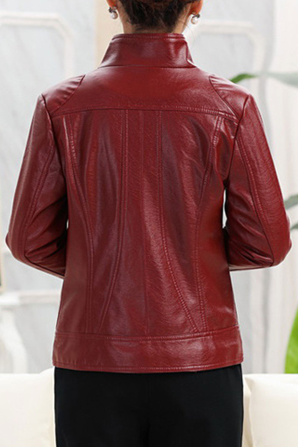 Women Comfy Solid Color Long Sleeve Leather Jacket