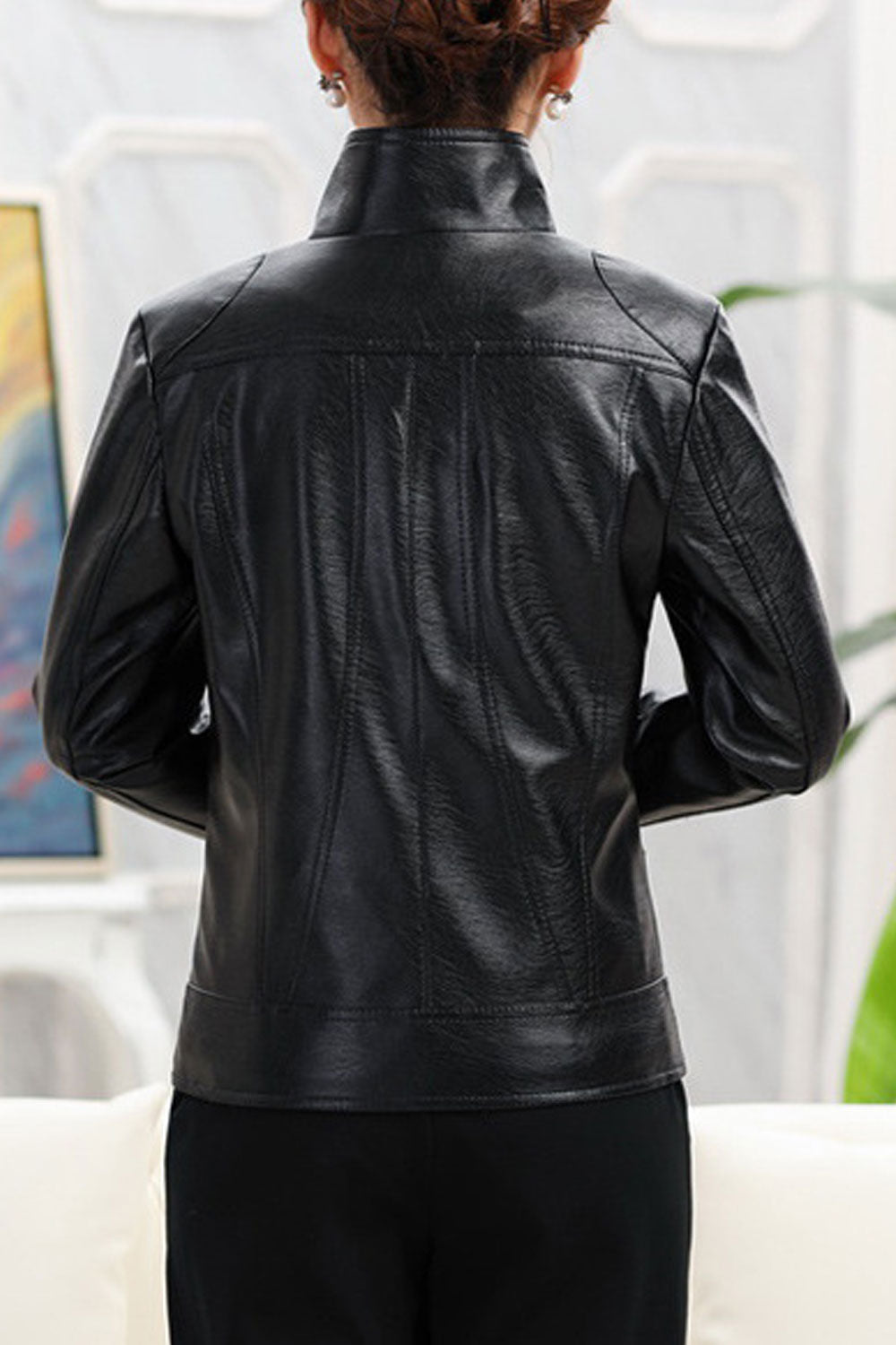 Women Comfy Solid Color Long Sleeve Leather Jacket