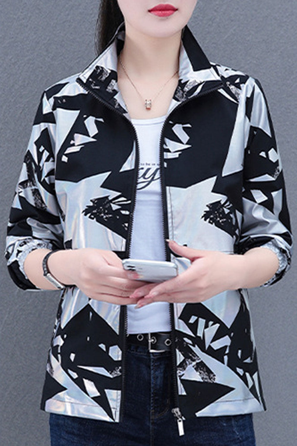 Women Attractive Stand Collar Neck Ribbed Cuff & Front Zippered Winter Casual Jacket