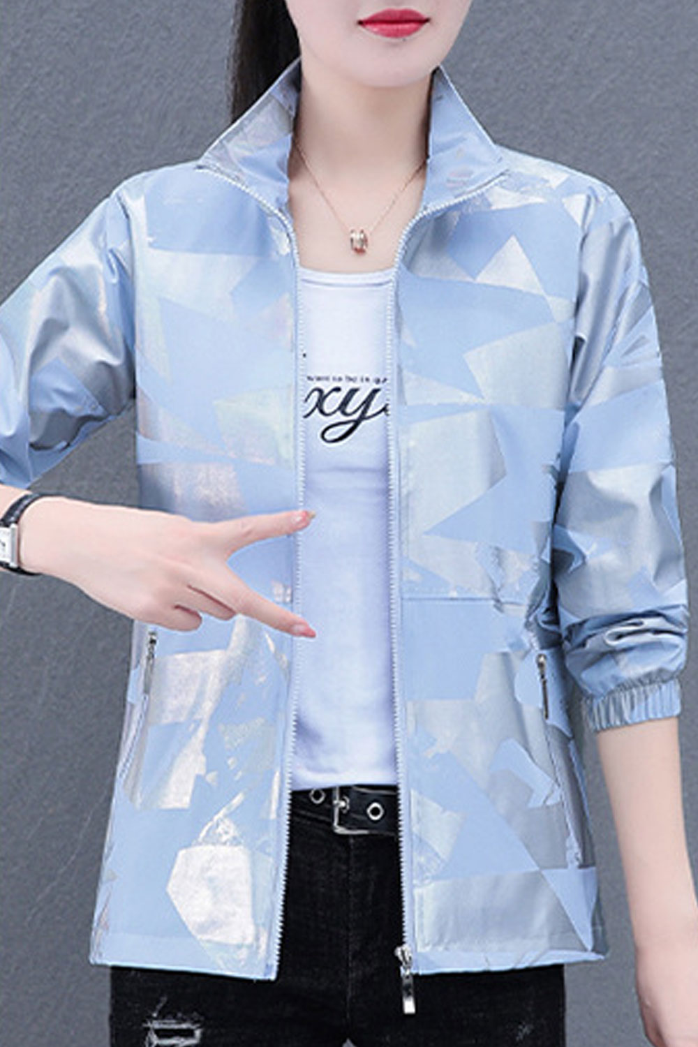 Women Attractive Stand Collar Neck Ribbed Cuff & Front Zippered Winter Casual Jacket