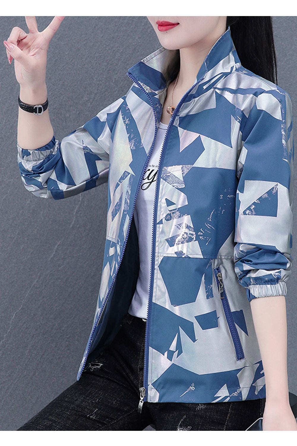 Women Attractive Stand Collar Neck Ribbed Cuff & Front Zippered Winter Casual Jacket