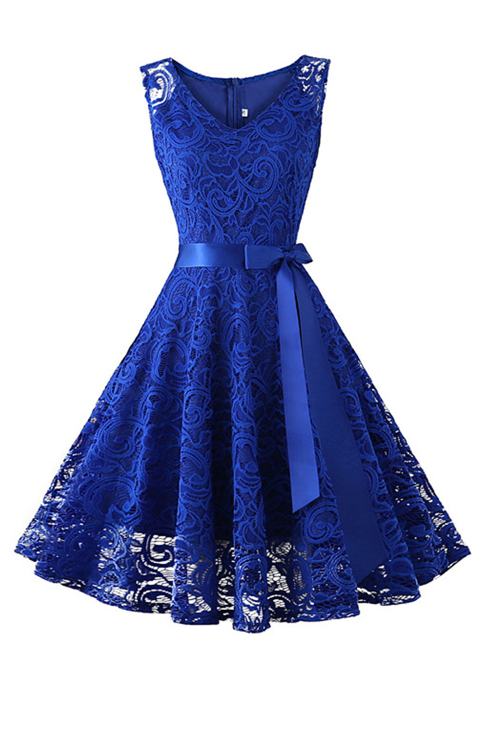 Women Flower Lace Silk Belt Zipper Dress