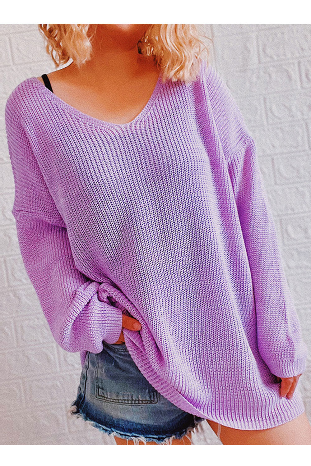 Women Casual Loose Fit V-Neck Solid Pattern Pullover Winter Sweater