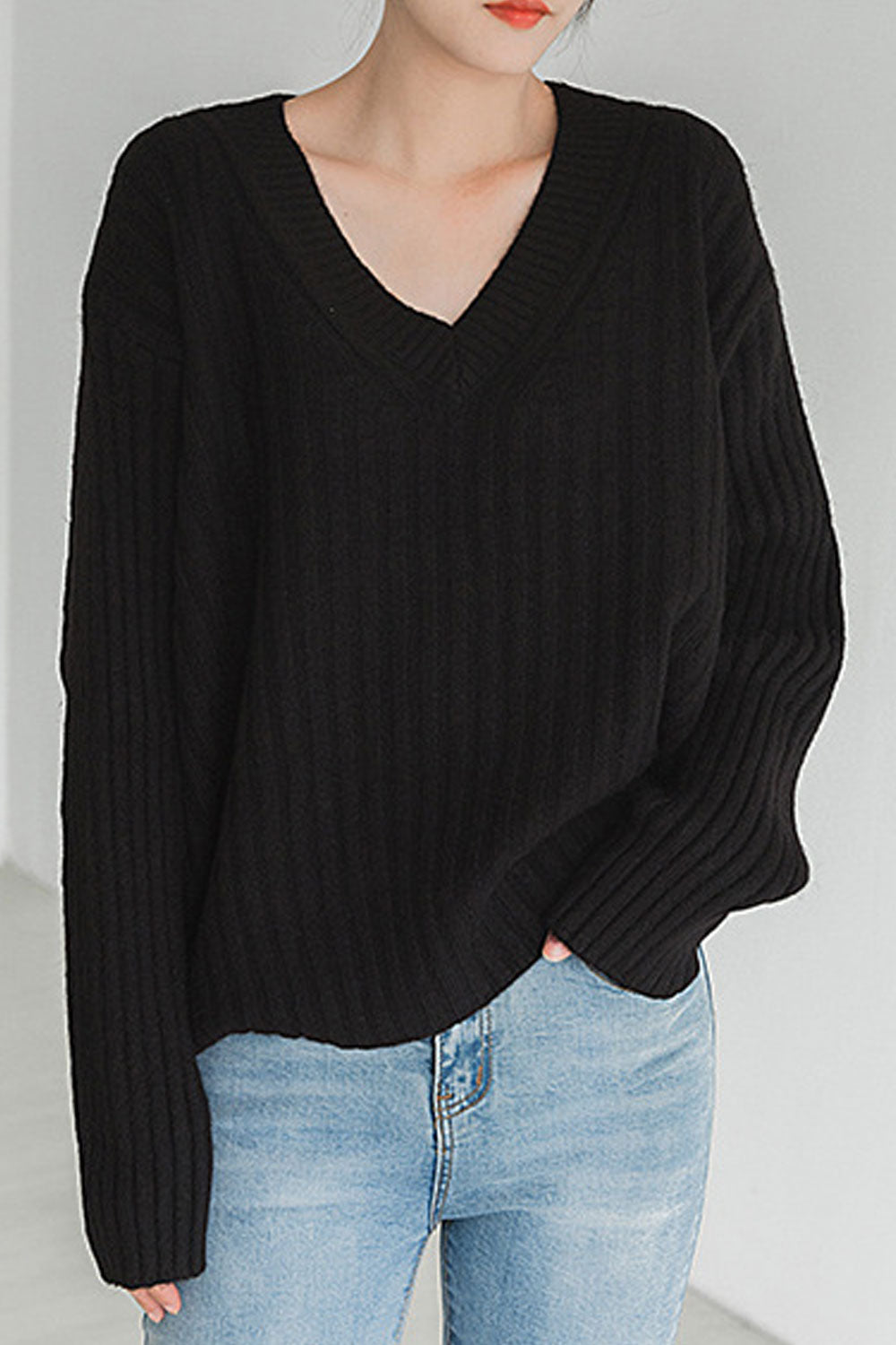Women Excellent V-Neck Long Sleeve Loose Fit Winter Reliable Knitted Sweater