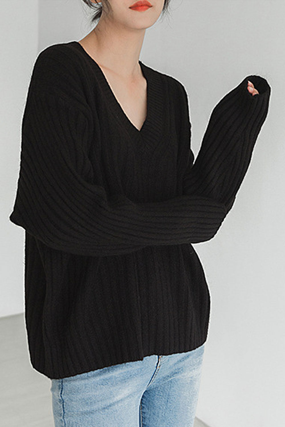 Women Excellent V-Neck Long Sleeve Loose Fit Winter Reliable Knitted Sweater