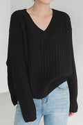 Women Excellent V-Neck Long Sleeve Loose Fit Winter Reliable Knitted Sweater