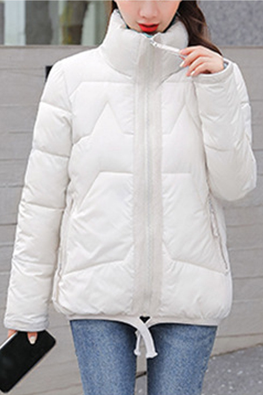 Women Classy High Neck Front Designed Solid Pattern Side Pockets Winter Padded Jacket