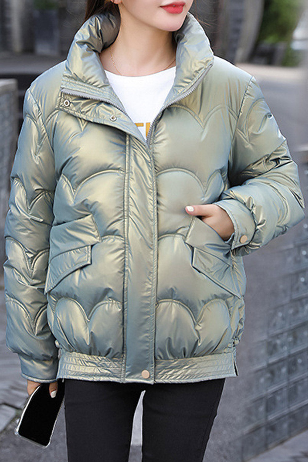 Women Superb Shiny Colored Solid Pattern High Neck Zip Closure Long Sleeve Winter Padded Jacket