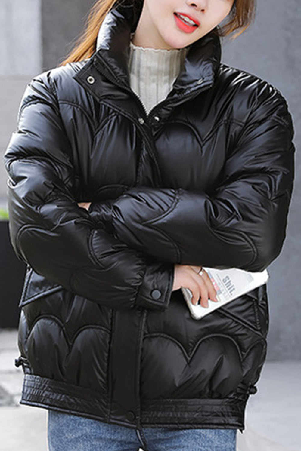 Women Superb Shiny Colored Solid Pattern High Neck Zip Closure Long Sleeve Winter Padded Jacket