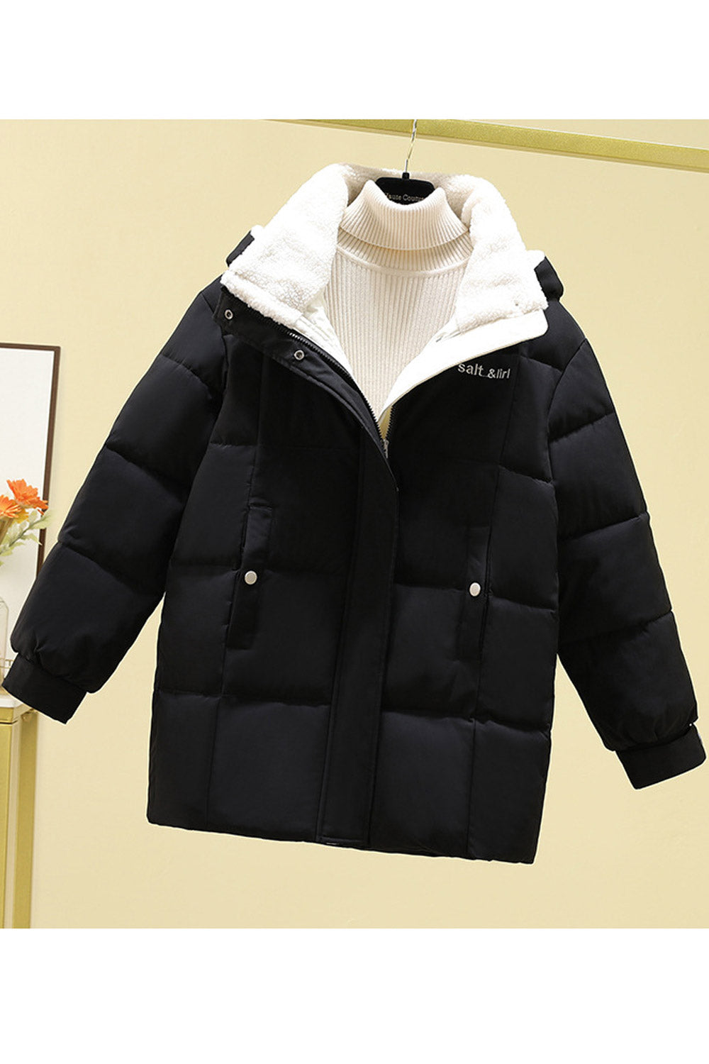 Women Solid Pattern High Neck Along Hood Capable Side Pockets Long Sleeve Winter Padded Jacket