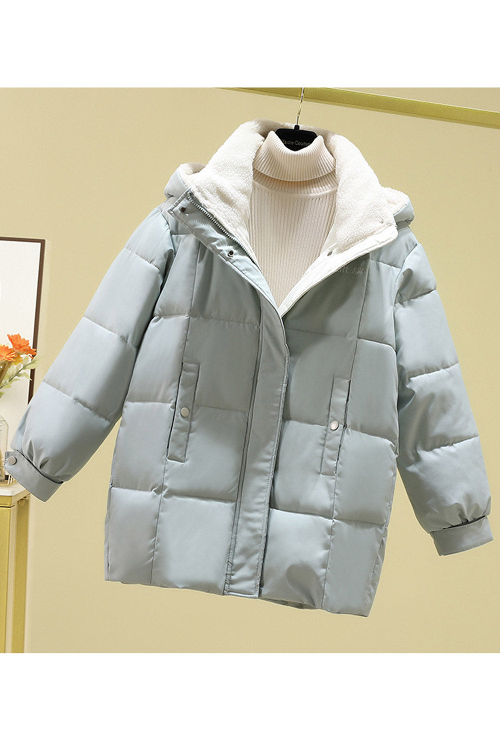 Women Solid Pattern High Neck Along Hood Capable Side Pockets Long Sleeve Winter Padded Jacket