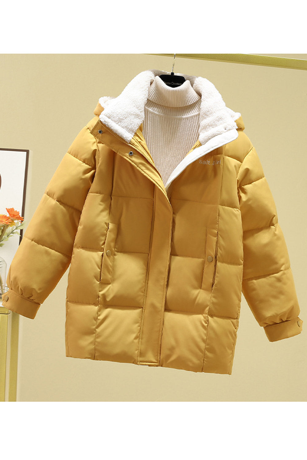 Women Solid Pattern High Neck Along Hood Capable Side Pockets Long Sleeve Winter Padded Jacket