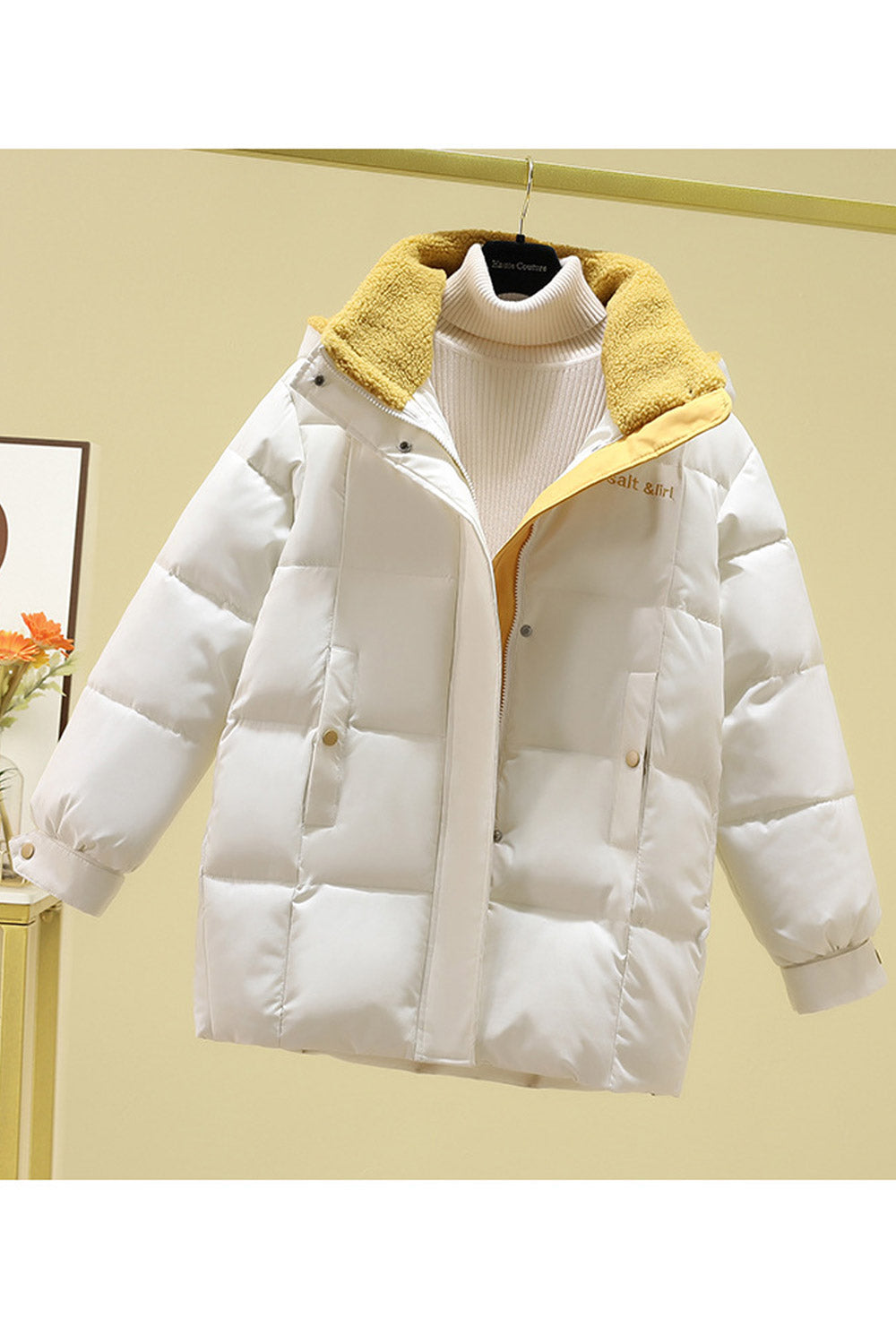 Women Solid Pattern High Neck Along Hood Capable Side Pockets Long Sleeve Winter Padded Jacket
