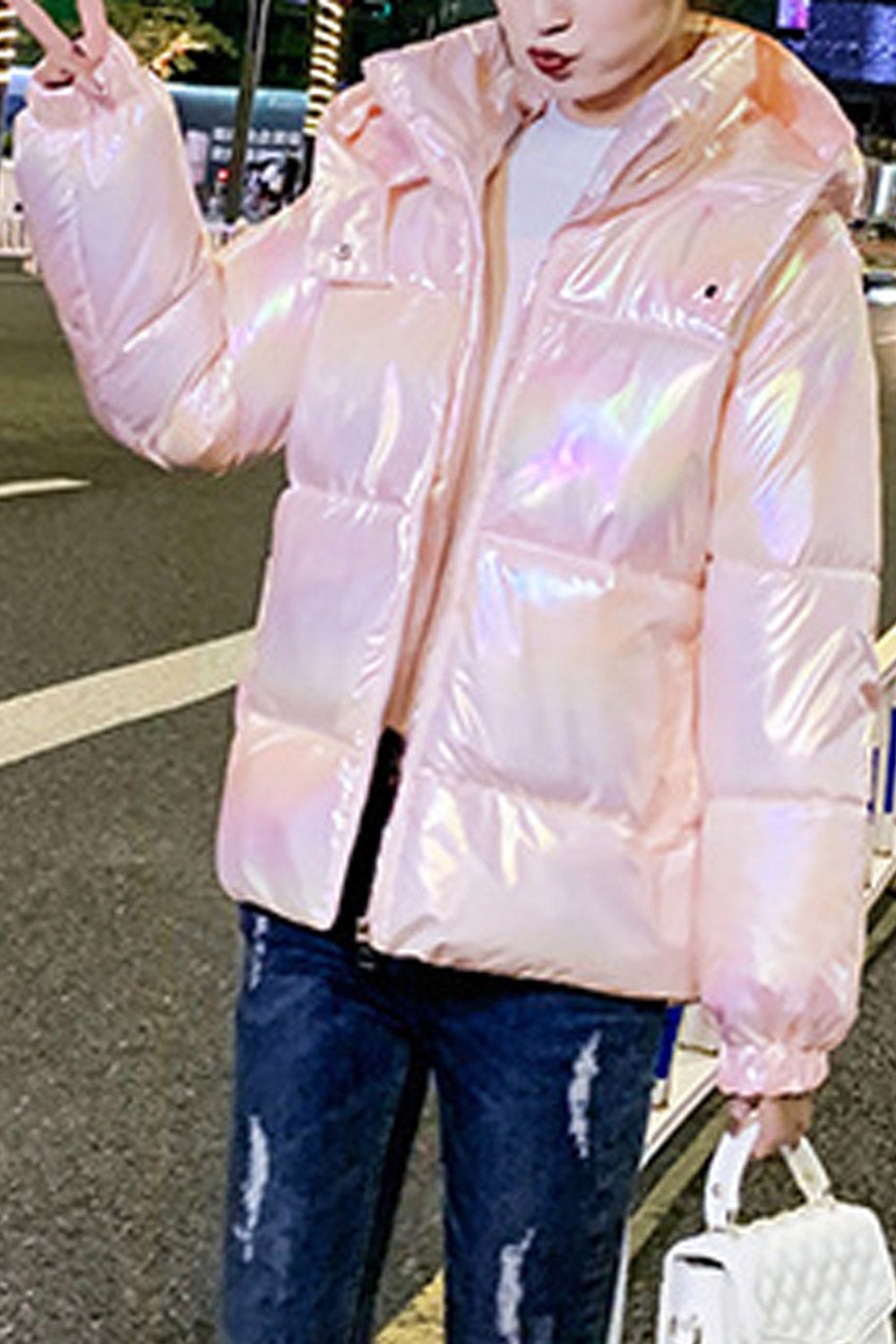 Women Pleasing Shiny Colored Stand Collar Along Hooded Side Pockets Winter Padded Jacket