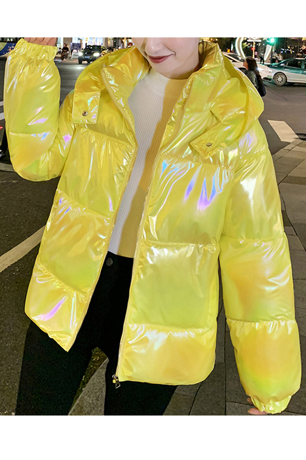 Women Pleasing Shiny Colored Stand Collar Along Hooded Side Pockets Winter Padded Jacket