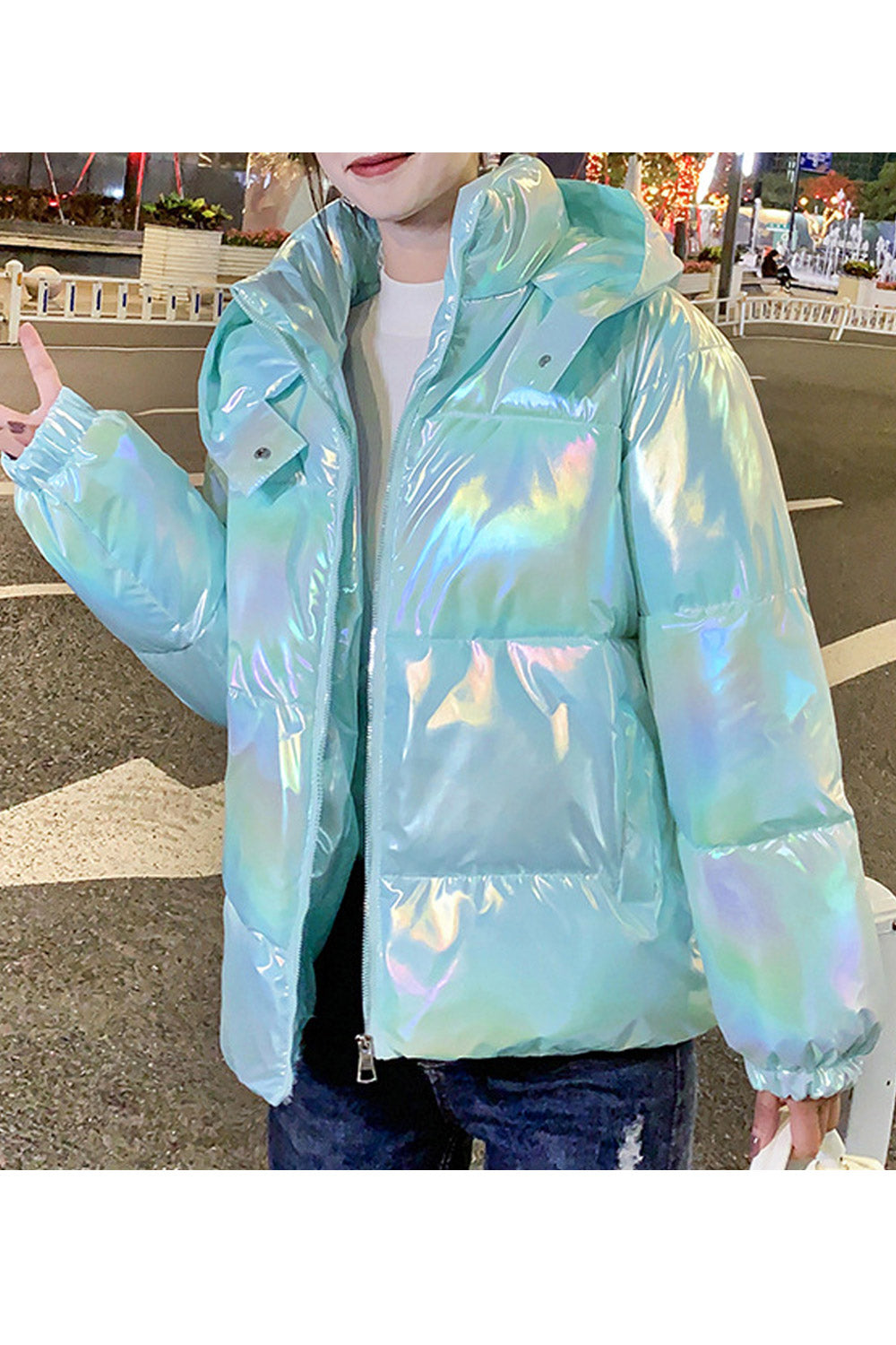 Women Pleasing Shiny Colored Stand Collar Along Hooded Side Pockets Winter Padded Jacket