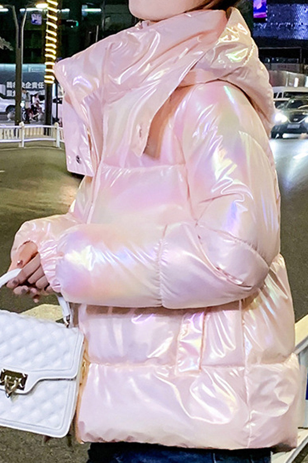 Women Pleasing Shiny Colored Stand Collar Along Hooded Side Pockets Winter Padded Jacket