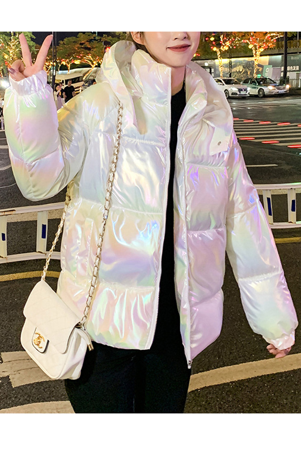 Women Pleasing Shiny Colored Stand Collar Along Hooded Side Pockets Winter Padded Jacket