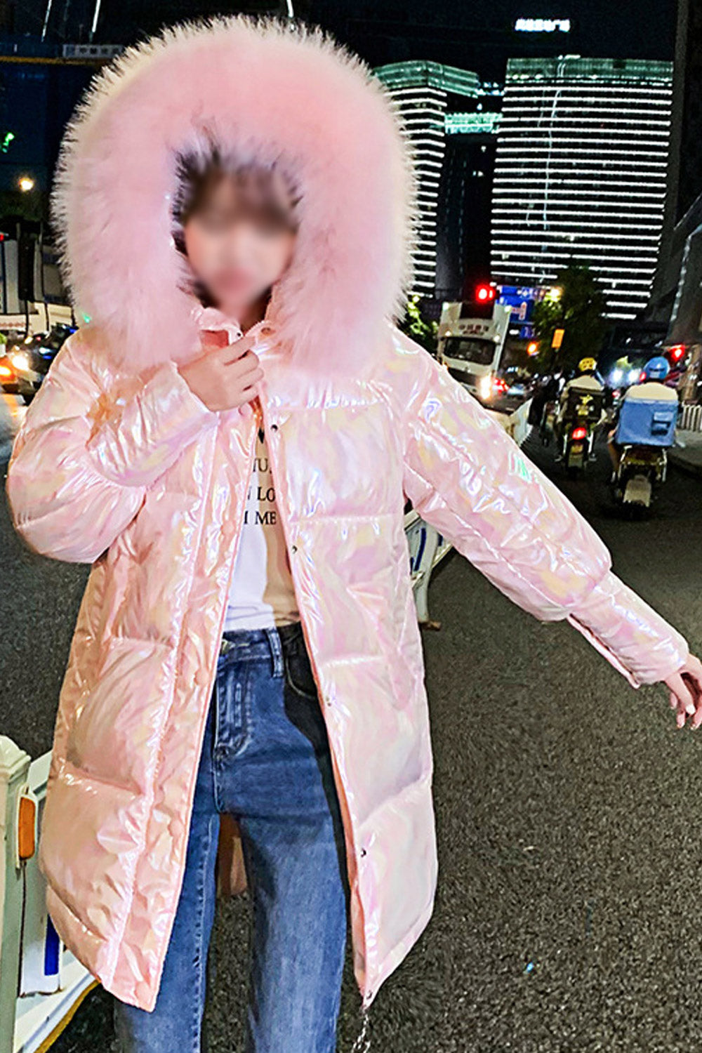 Women Awesome Hairy Hooded Shiny Colored Long Sleeve Winter Fashionic Warm Padded Jacket