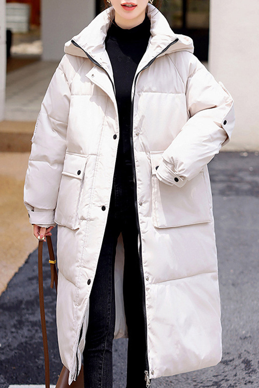 Women Magnificent Mid-Length Big Storage Flap Pockets Hooded Solid Pattern Superb Warm Padded Jacket