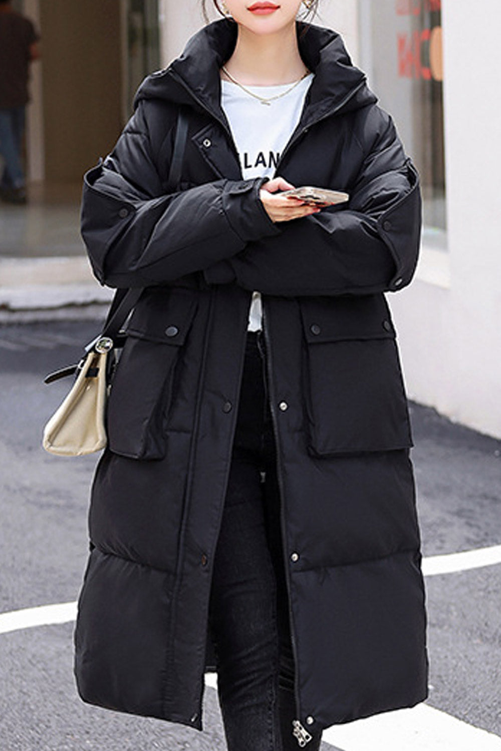 Women Magnificent Mid-Length Big Storage Flap Pockets Hooded Solid Pattern Superb Warm Padded Jacket