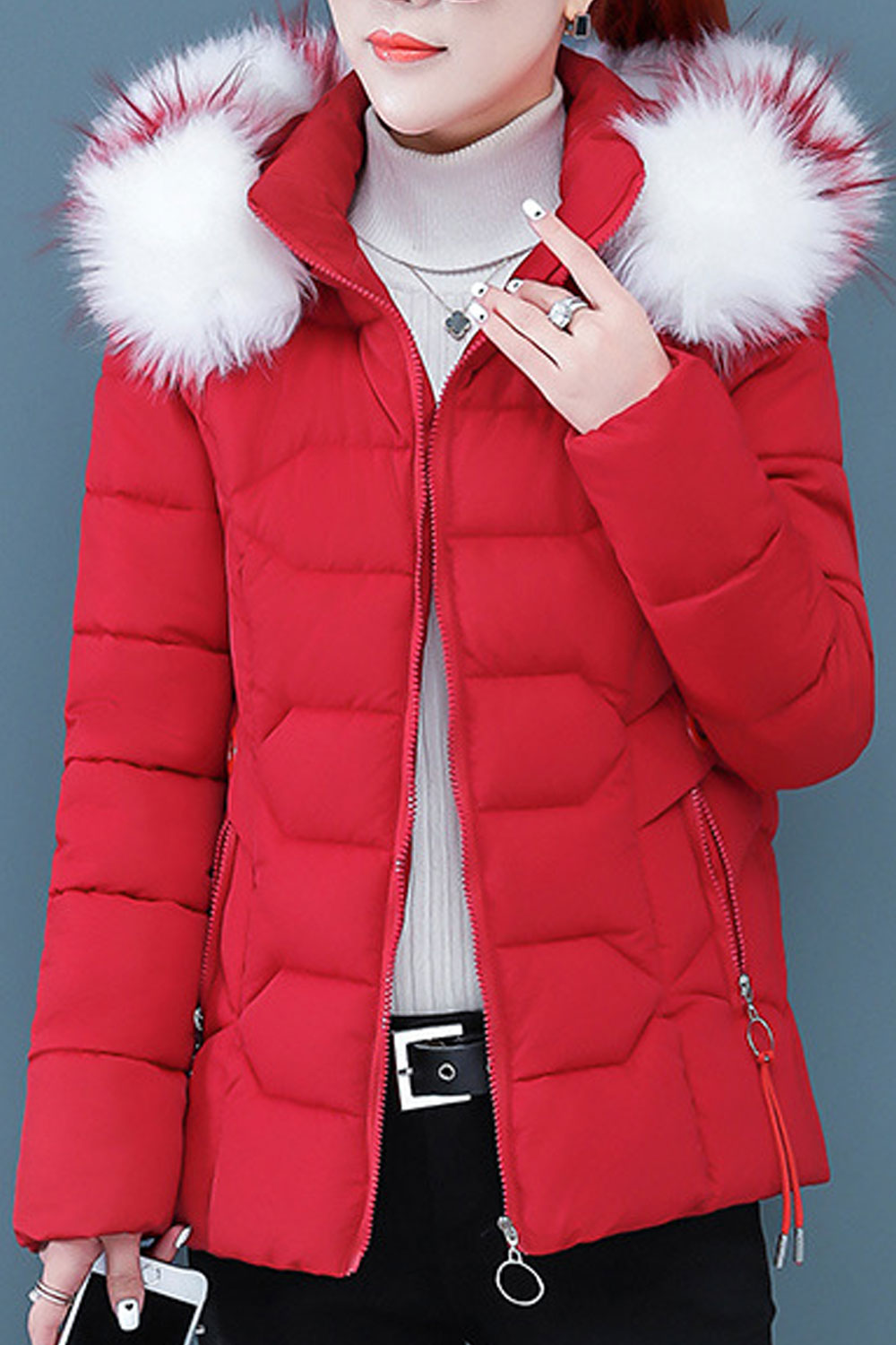 Women Lovely Designed Zipper Closure Decorated Comfy Hood Long Sleeve Winter Padded Jacket