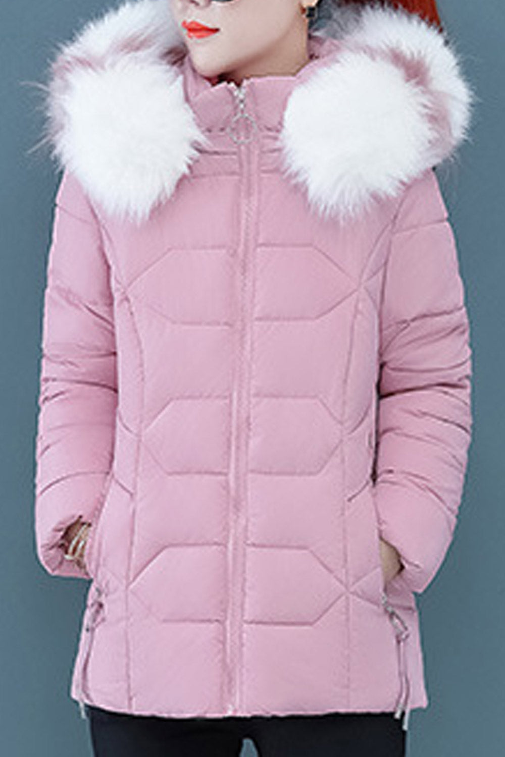 Women Lovely Designed Zipper Closure Decorated Comfy Hood Long Sleeve Winter Padded Jacket