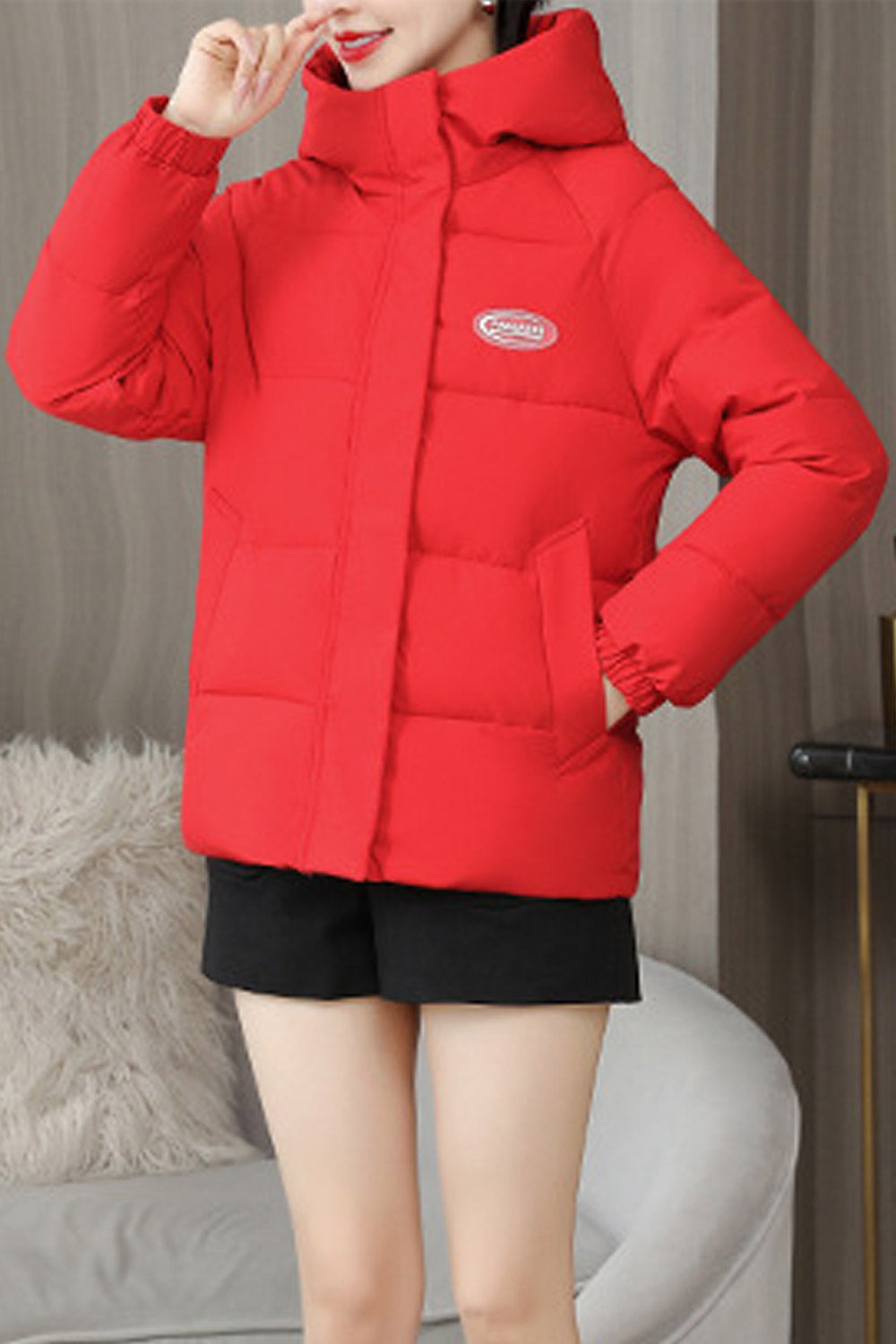 Women Solid Pattern Adjustable Cuff Zipper Closure Comfy Hood Winter Padded Jacket