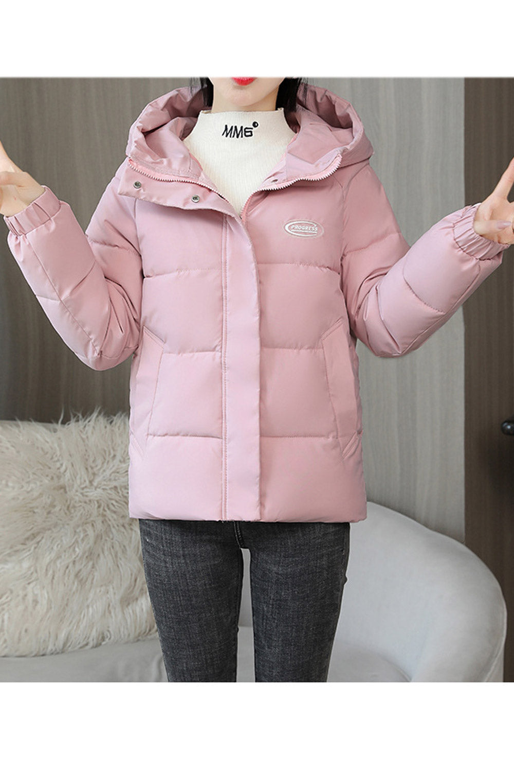 Women Solid Pattern Adjustable Cuff Zipper Closure Comfy Hood Winter Padded Jacket