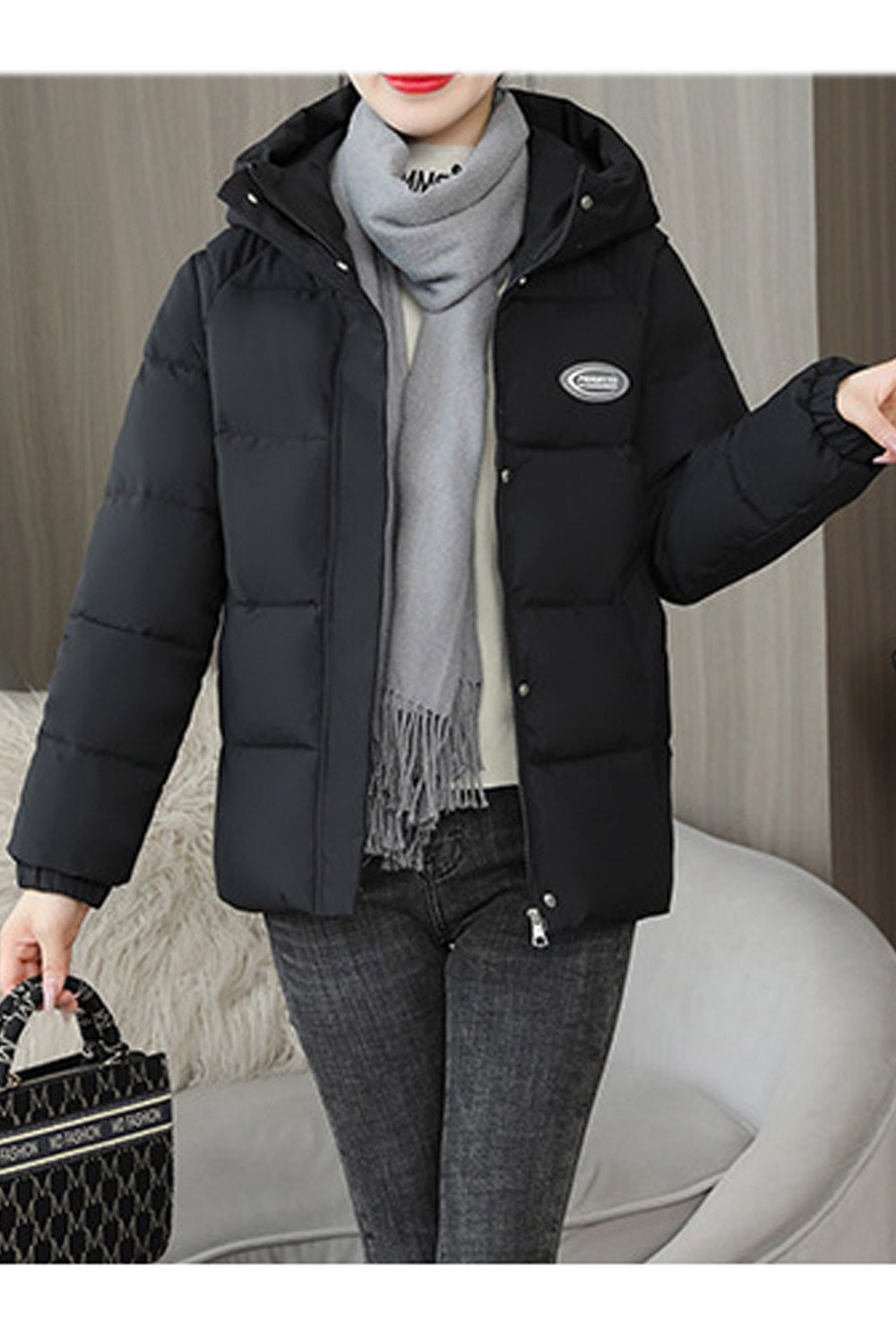 Women Solid Pattern Adjustable Cuff Zipper Closure Comfy Hood Winter Padded Jacket