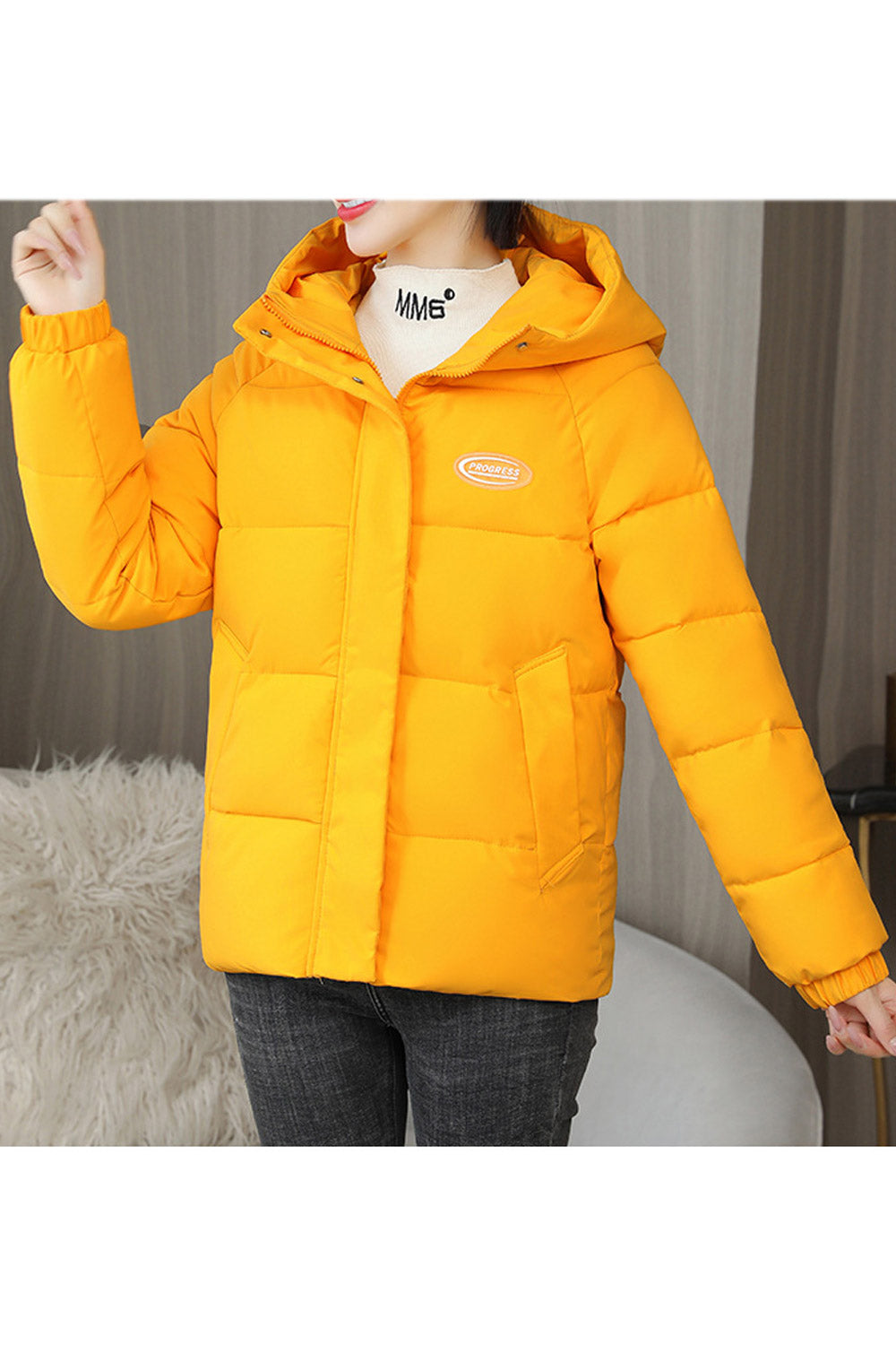 Women Solid Pattern Adjustable Cuff Zipper Closure Comfy Hood Winter Padded Jacket