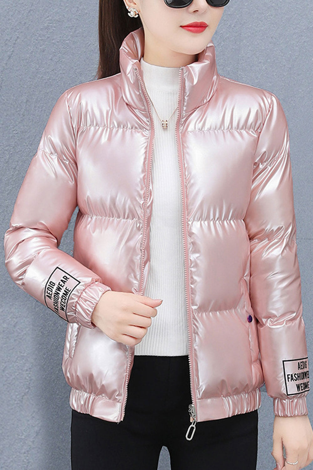 Women Lustrous Stand Up Collar Neck Stretchable Cuff & Hem Side Zip Pockets Snug Winter Padded Jacket