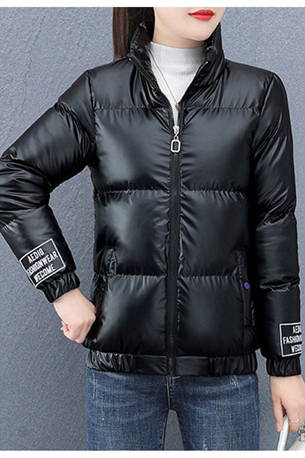 Women Lustrous Stand Up Collar Neck Stretchable Cuff & Hem Side Zip Pockets Snug Winter Padded Jacket