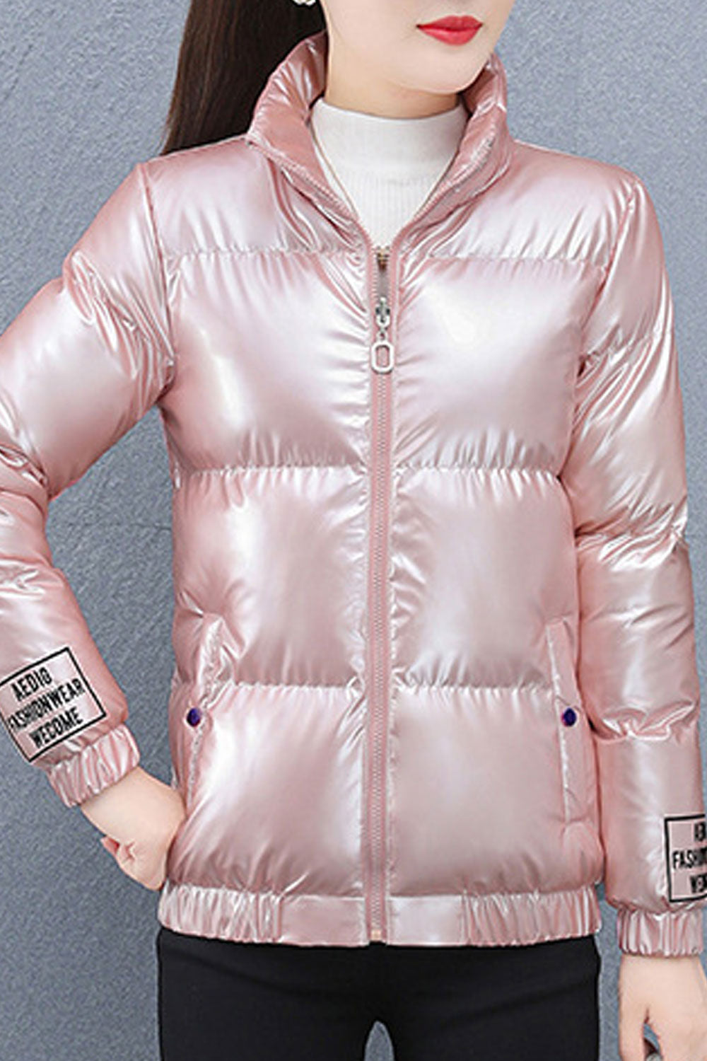 Women Lustrous Stand Up Collar Neck Stretchable Cuff & Hem Side Zip Pockets Snug Winter Padded Jacket