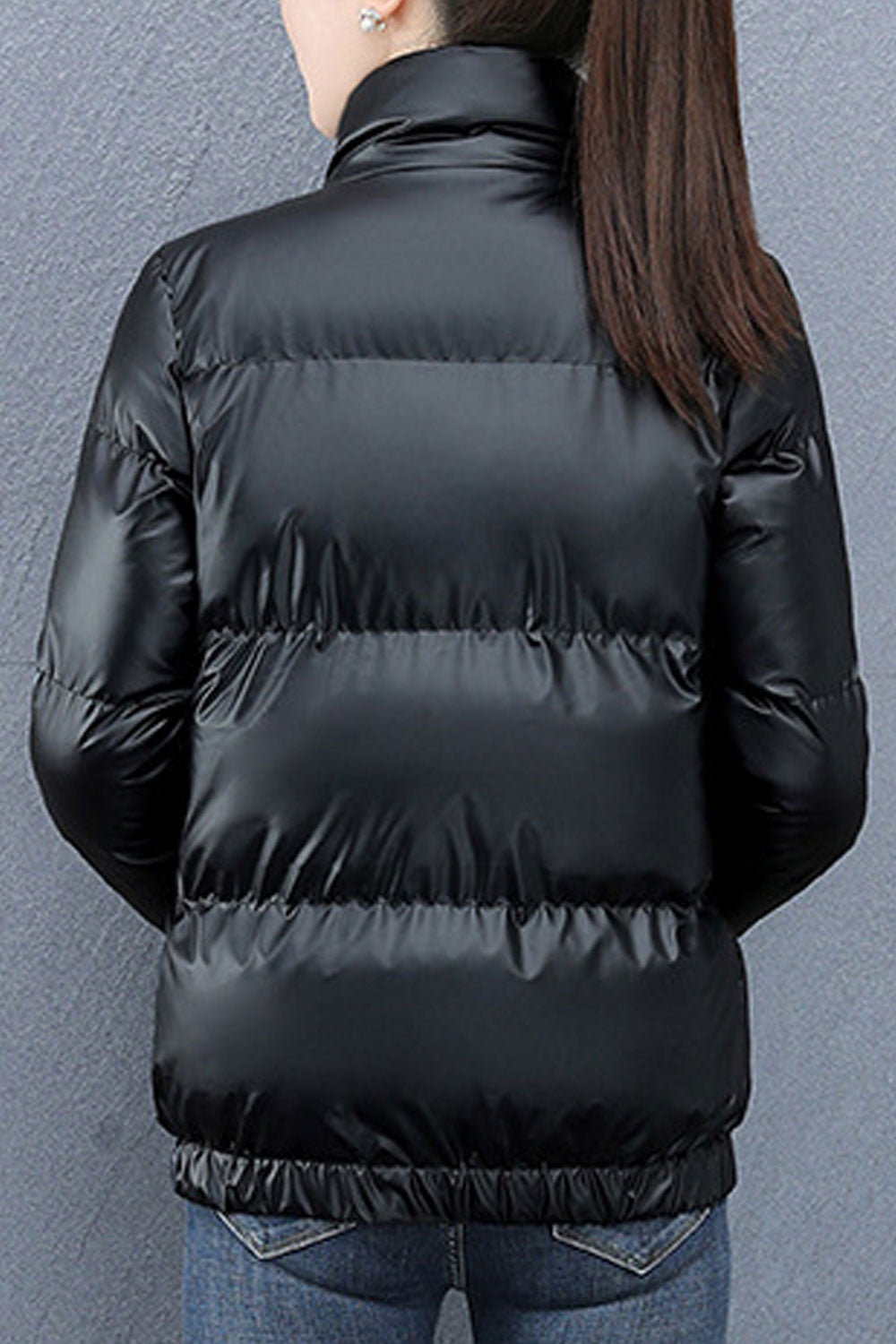 Women Lustrous Stand Up Collar Neck Stretchable Cuff & Hem Side Zip Pockets Snug Winter Padded Jacket