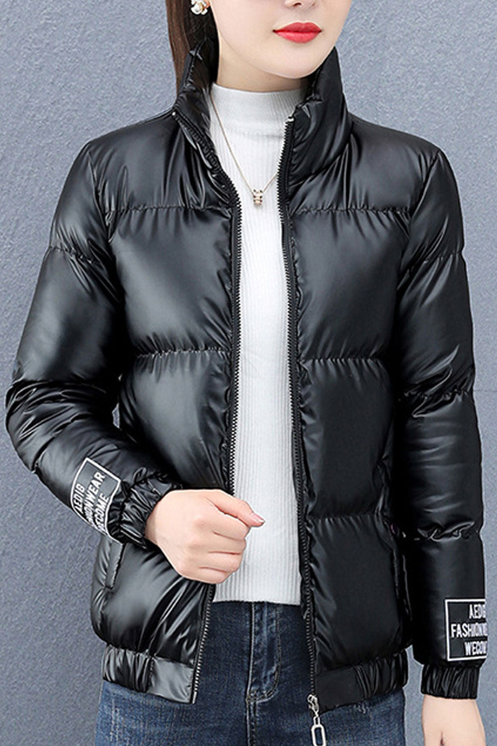 Women Lustrous Stand Up Collar Neck Stretchable Cuff & Hem Side Zip Pockets Snug Winter Padded Jacket