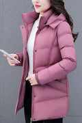 Women sophisticated Hooded Neck Buttoned & Zip Fastener Side Slash Pocket Mid-Length Dilute Winter Padded Jacket
