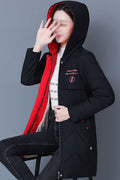 Women Fashionable Letter Patterned Hooded Neck Drawstring Style Slash Pocket & Front Fastener Mid- length Soothing Winter Padded