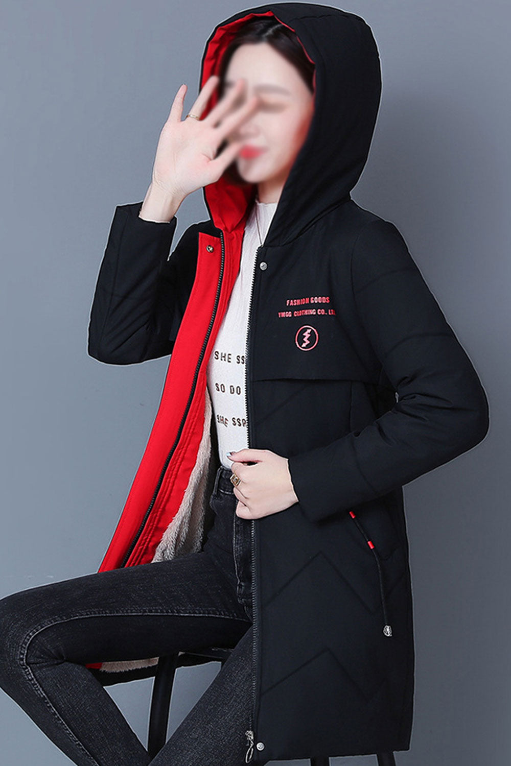 Women Fashionable Letter Patterned Hooded Neck Drawstring Style Slash Pocket & Front Fastener Mid- length Soothing Winter Padded