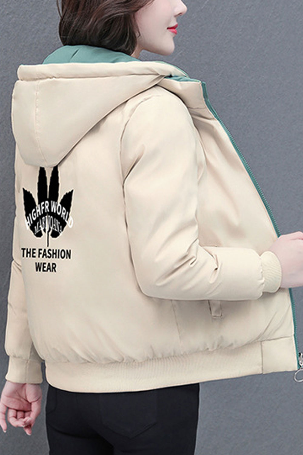 Women Attractive Double Sided Hooded Neck Knitted Ribbed Cuff & Hem Side Zippered Pocket Thick Winter Padded Jacket