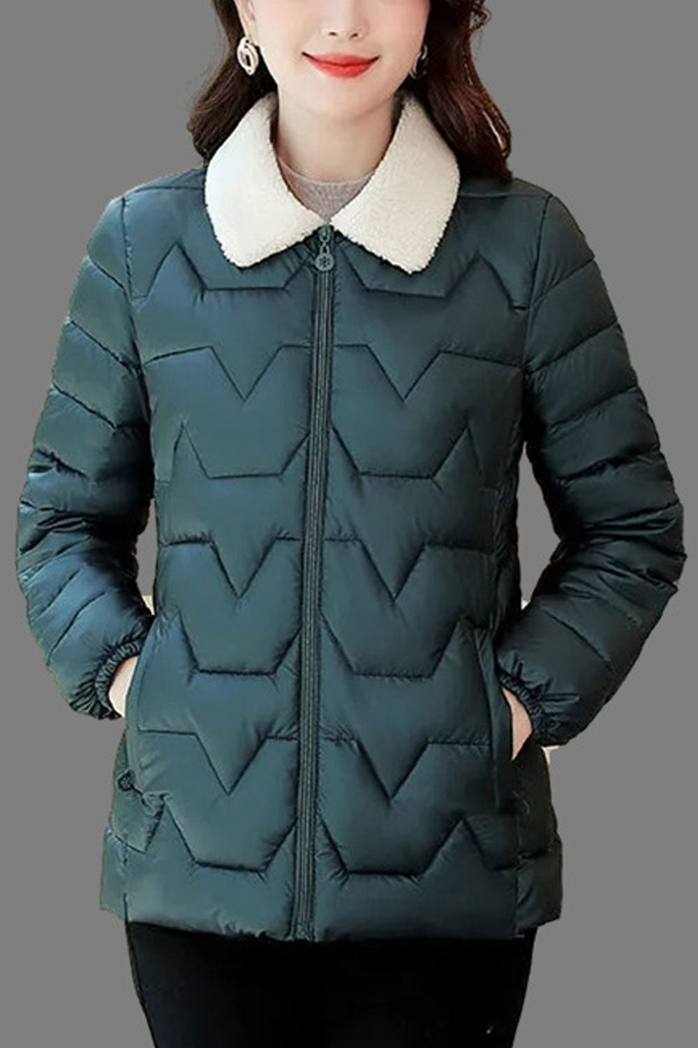 Women Enthralling Contrast Collar Neck Stretchable Cuff Front Zipp Fastener & Side Zipp Pocket Zigzag Baffle Style Soft Winter P