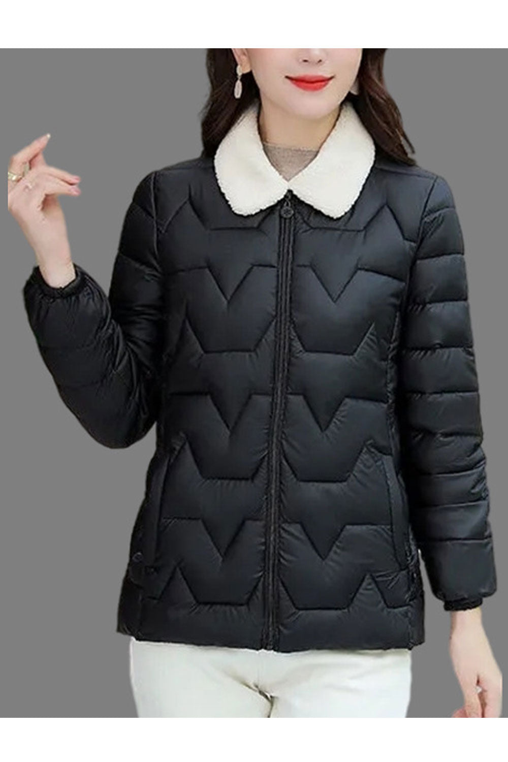 Women Enthralling Contrast Collar Neck Stretchable Cuff Front Zipp Fastener & Side Zipp Pocket Zigzag Baffle Style Soft Winter P