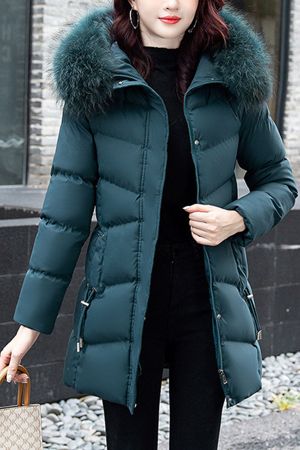 Women Brengle Cozy Drawstring Hooded Neck Side Zippered Pocket Front Zippered Fastener Mid Length Winter Padded Jacket