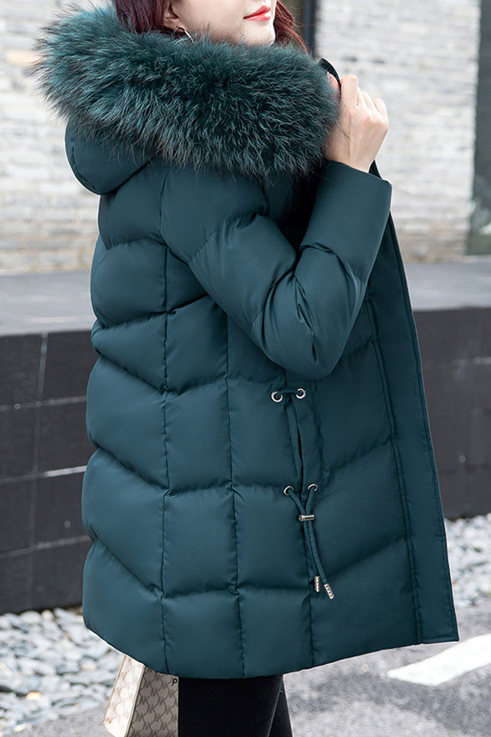 Women Brengle Cozy Drawstring Hooded Neck Side Zippered Pocket Front Zippered Fastener Mid Length Winter Padded Jacket