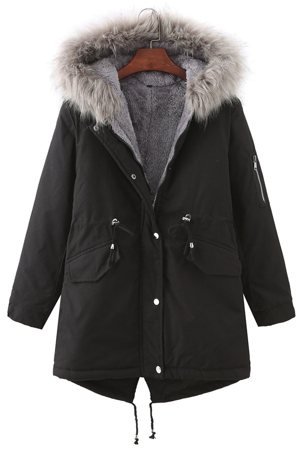 Women Effective Floccose Hooded Neck Stretchable Cuff Buttoned Fastener Drawstring Waist Flap Pocket Loose Comfy Winter Padded J